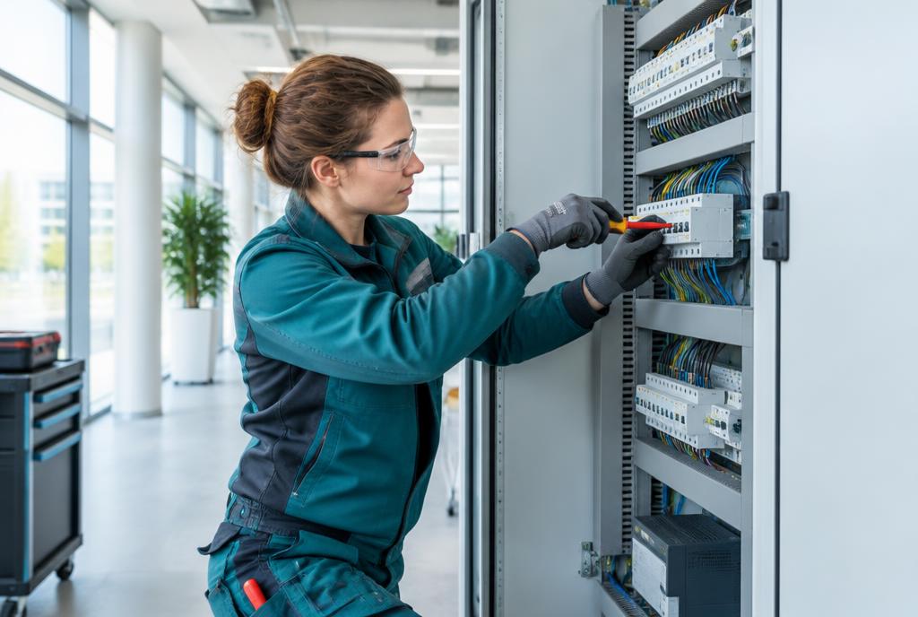 Électricienne intervenant sur une installation